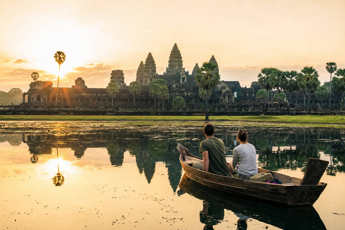 Pareja disfrutando del amanecer en Angkor Wat, Camboya, en su viaje de novios cultural.