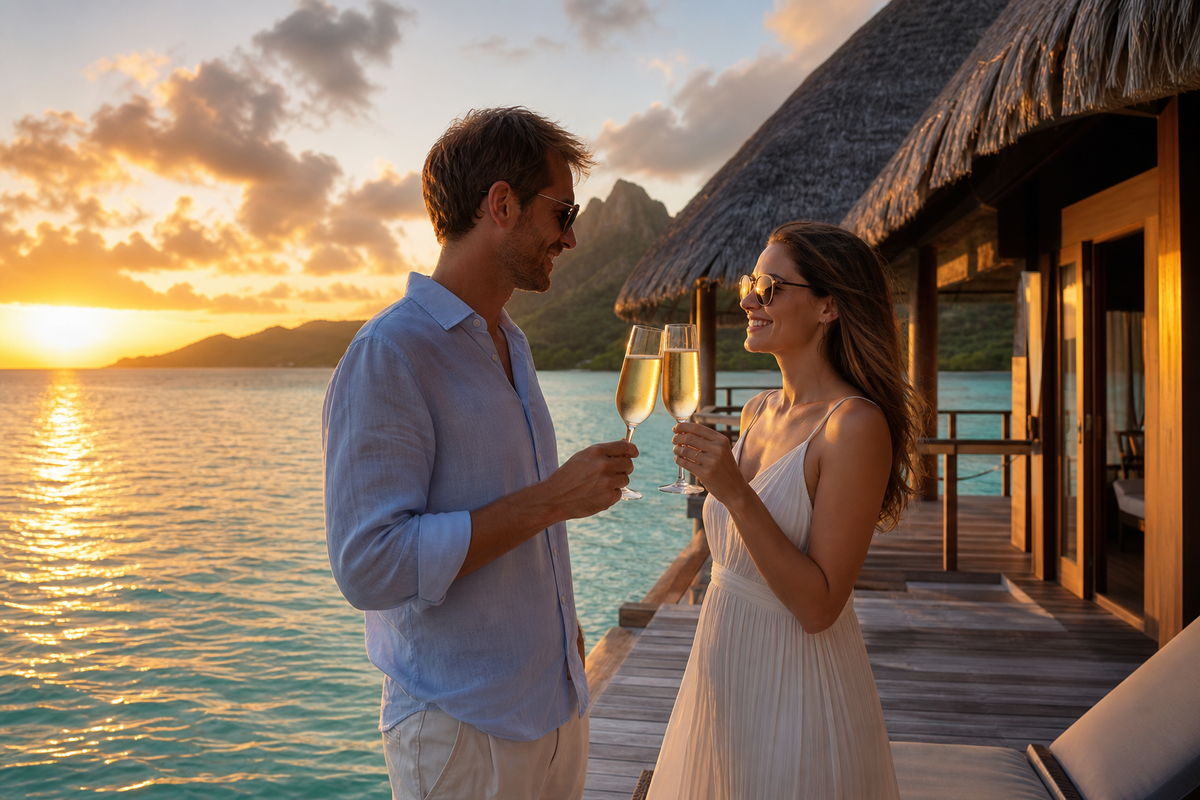 Pareja celebrando su luna de miel en un bungalow sobre el agua en Maldivas.