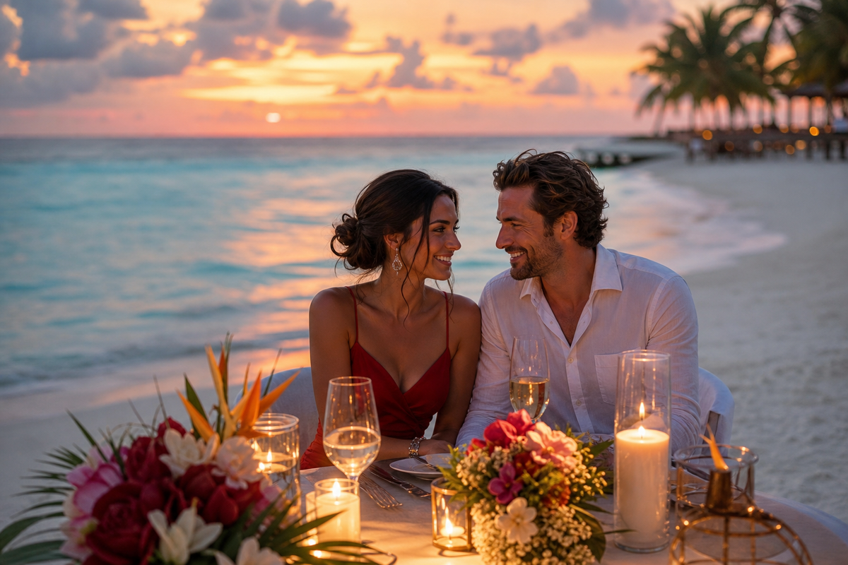 Cena privada romántica en la playa para novios en Maldivas