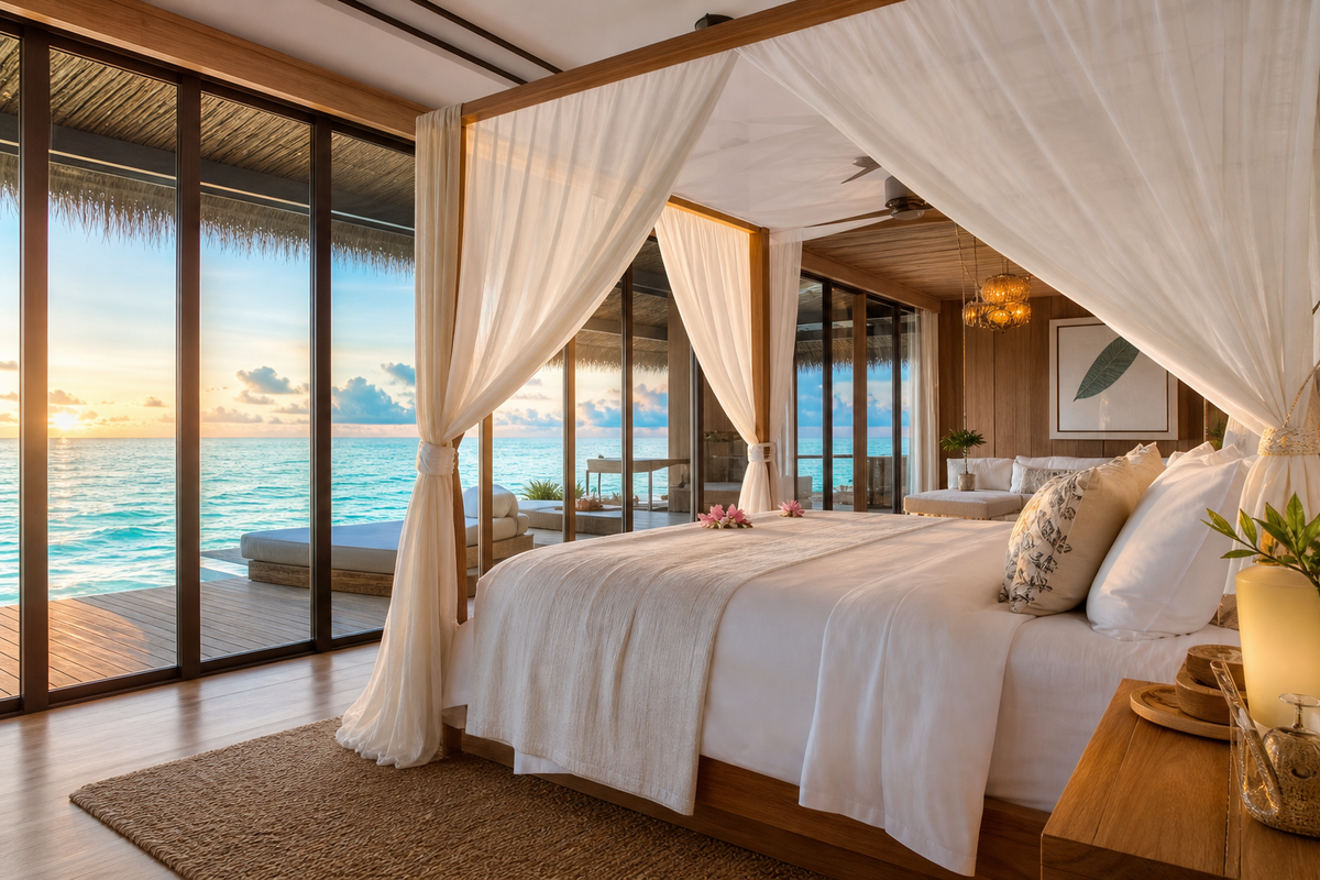 Interior de overwater bungalow en Maldivas, ideal para luna de miel