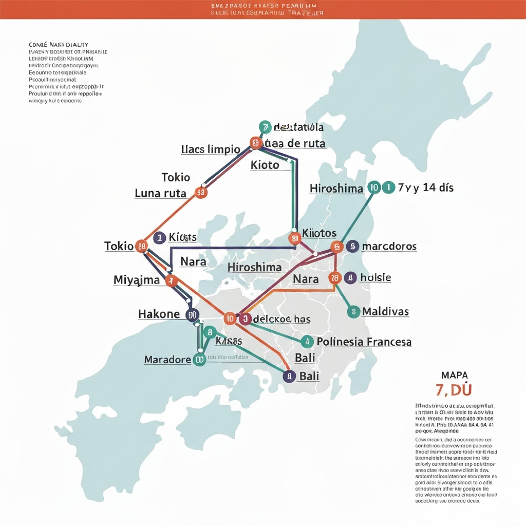 Mapa visual del recorrido Tokio, Kioto, Nara, Hiroshima, Miyajima, Hakone, Maldivas, Polinesia Francesa, Bali