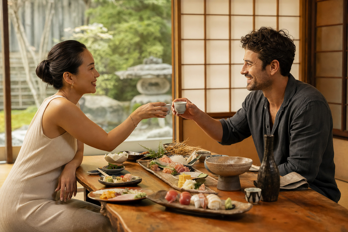 Pareja disfrutando de la gastronomía japonesa durante su luna de miel