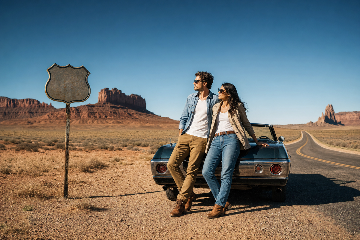 Pareja de novios en un road trip por la Ruta 66 de Estados Unidos.