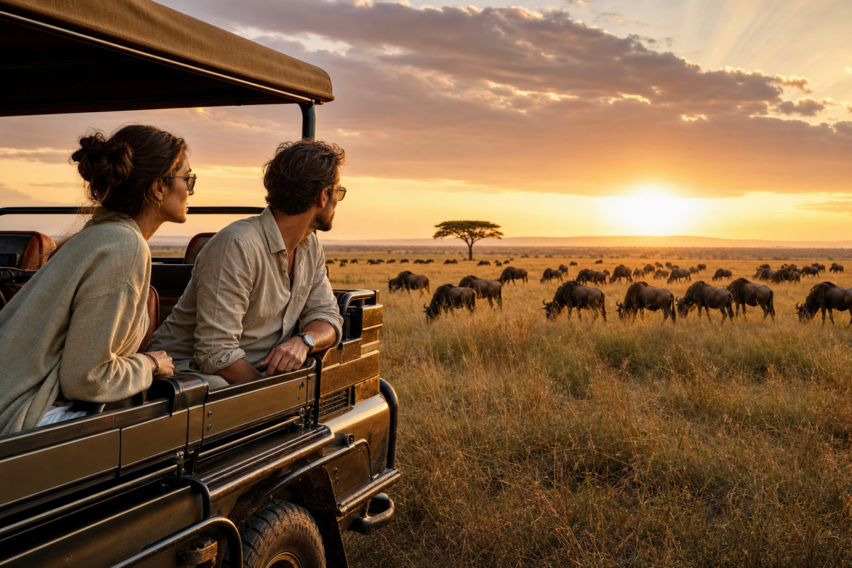 Pareja en luna de miel disfrutando de un safari de lujo en Tanzania.