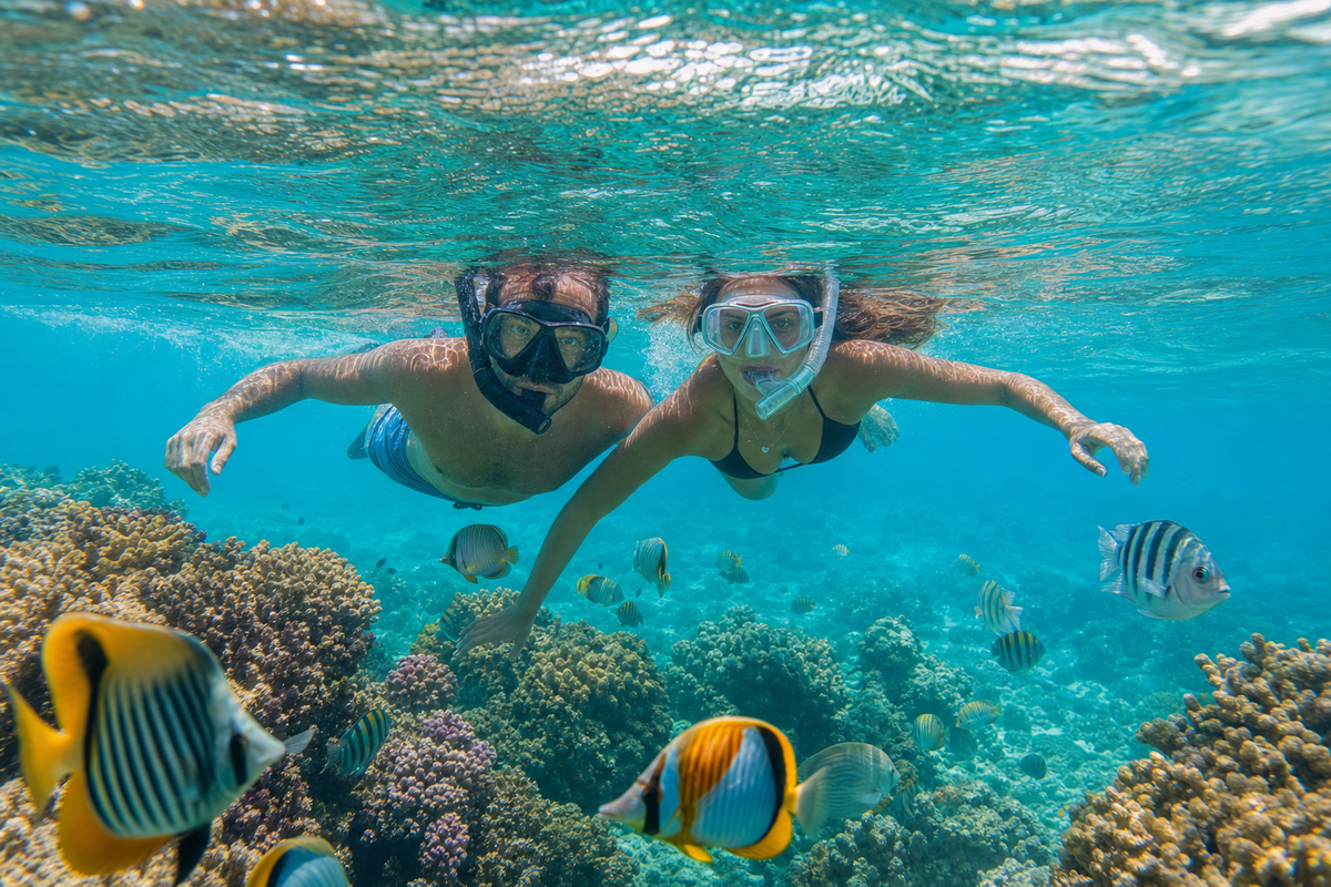 Pareja de novios haciendo snorkel en Maldivas, actividad romántica