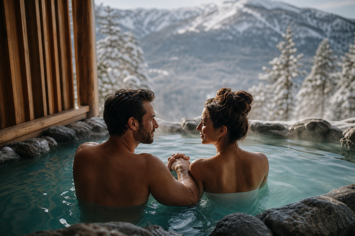 Pareja relajándose en un onsen privado en Japón
