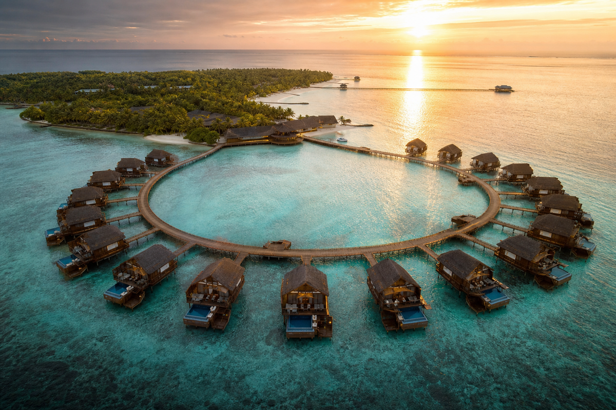 Vista aérea de resort de lujo en Maldivas para viaje de novios
