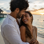 Pareja celebrando su viaje de novios original en una playa exótica al atardecer con ViajesDQ