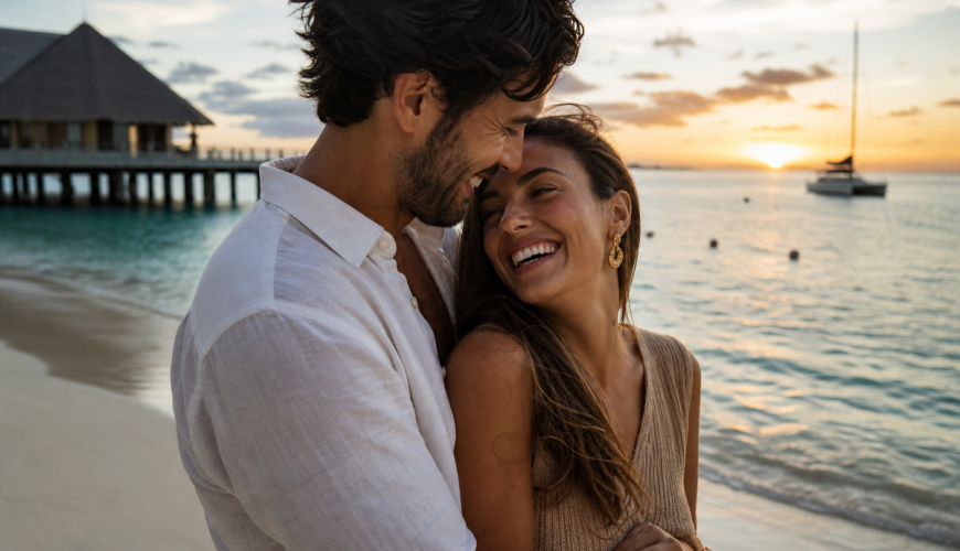 Pareja celebrando su viaje de novios original en una playa exótica al atardecer con ViajesDQ