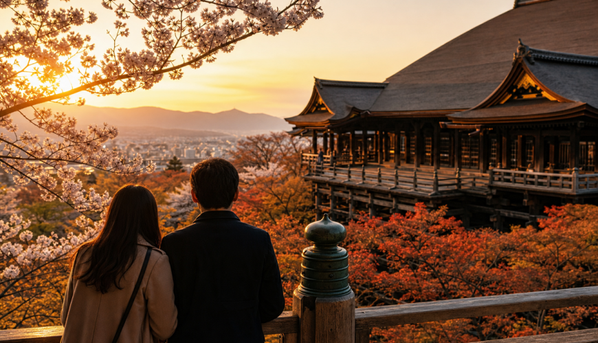 Pareja de novios disfrutando de una luna de miel romántica en un templo japonés al atardecer