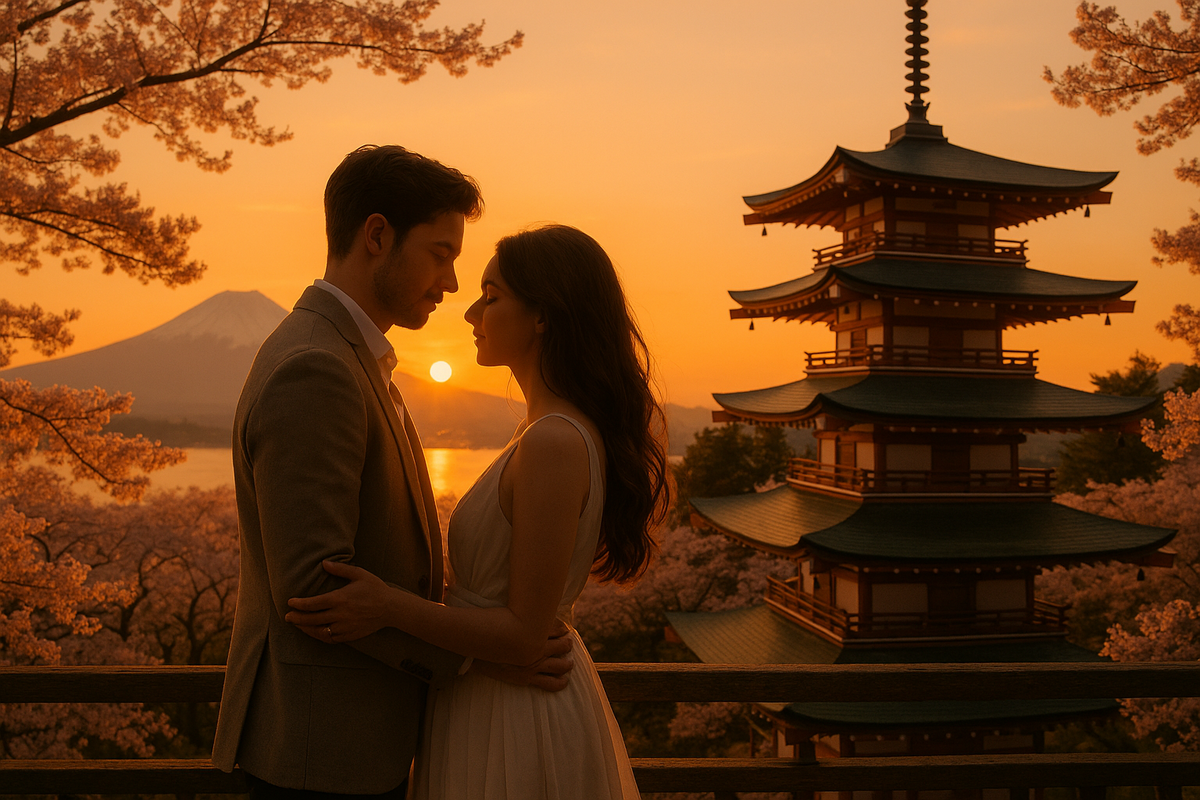 Pareja romántica en luna de miel en Japón con cerezos en flor y templo tradicional