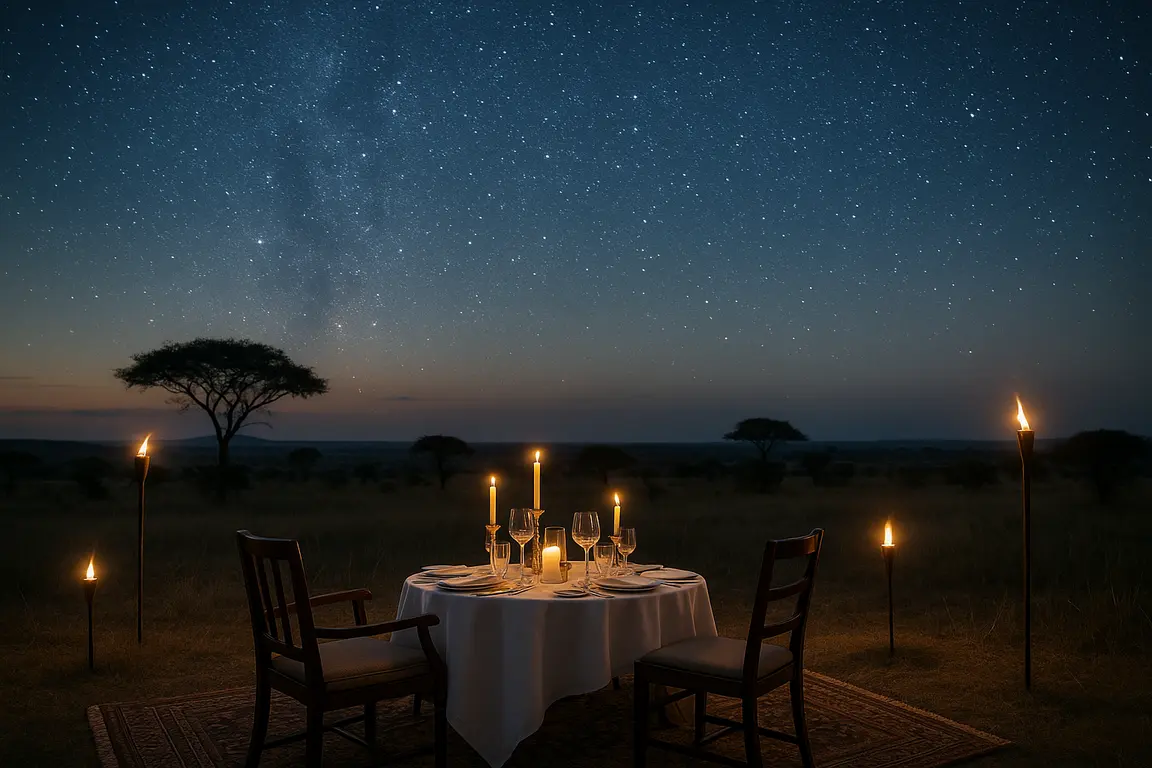 Cena romántica privada en la sabana de Botsuana durante una luna de miel de safari de lujo