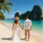 Pareja en luna de miel en una playa de Tailandia