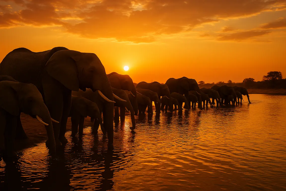 Manada de elefantes en el río Chobe en Botsuana, mayor concentración de elefantes del mundo