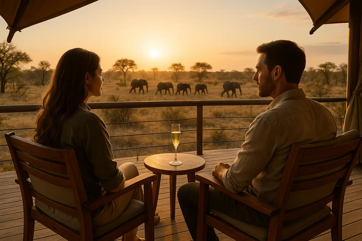 Pareja en campamento de lujo en Botsuana viendo elefantes desde la terraza durante su viaje de novios