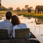 Pareja en safari de luna de miel navegando en mokoro por el Delta del Okavango al amanecer