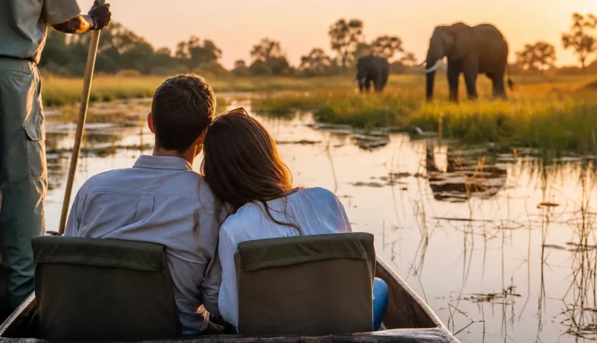 Pareja en safari de luna de miel navegando en mokoro por el Delta del Okavango al amanecer