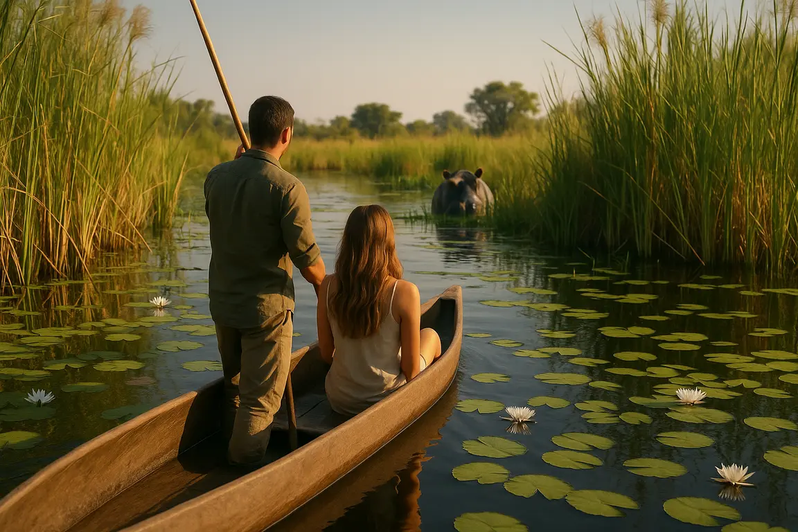 Safari en mokoro por el Delta del Okavango en Botsuana, actividad romántica para lunas de miel