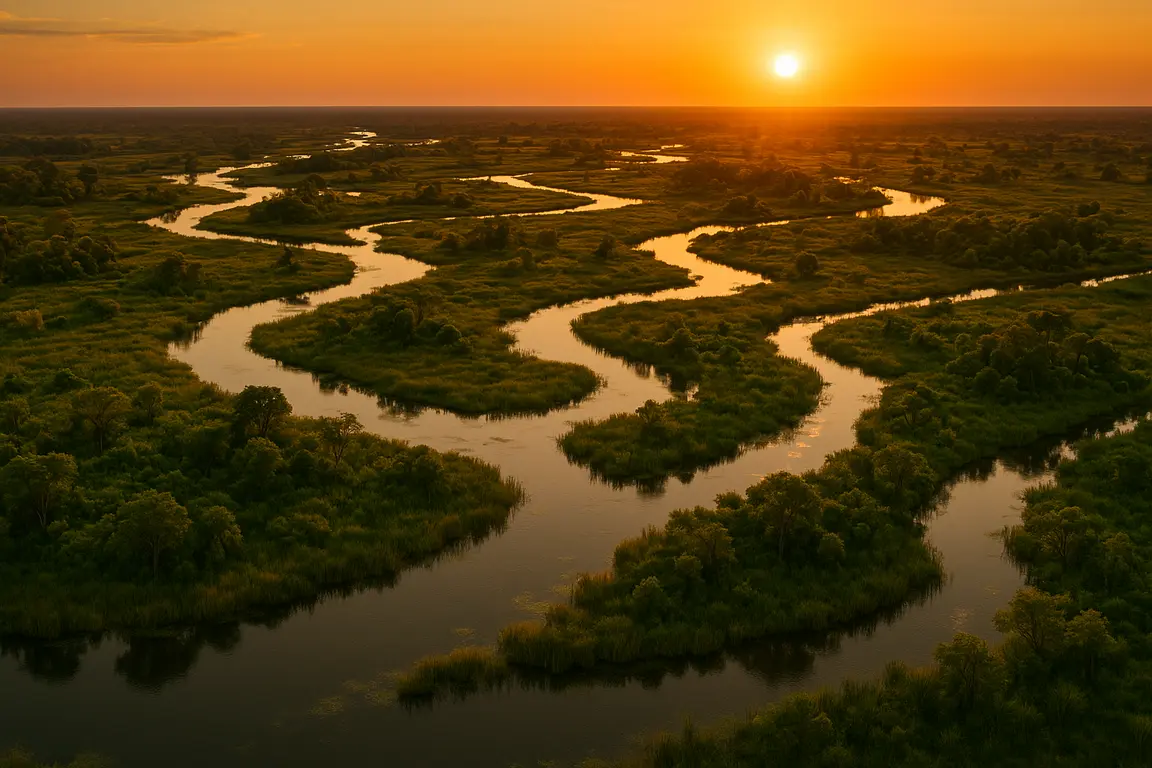 Vista aérea del Delta del Okavango en Botsuana al atardecer, perfecta para una luna de miel de safari