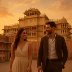 Pareja en luna de miel India Bután frente al City Palace de Jaipur al atardecer, disfrutando de viaje cultural y lujo