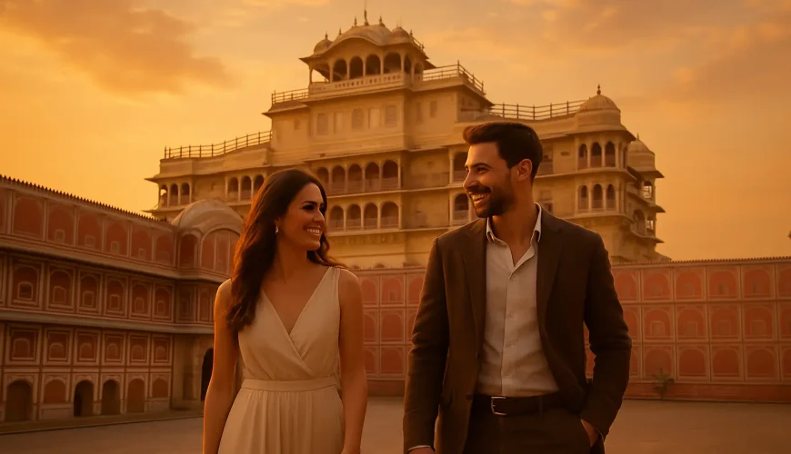 Pareja en luna de miel India Bután frente al City Palace de Jaipur al atardecer, disfrutando de viaje cultural y lujo
