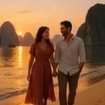 Pareja disfrutando luna de miel multidestino Asia en la bahía de Halong al atardecer, Vietnam