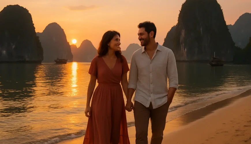 Pareja disfrutando luna de miel multidestino Asia en la bahía de Halong al atardecer, Vietnam
