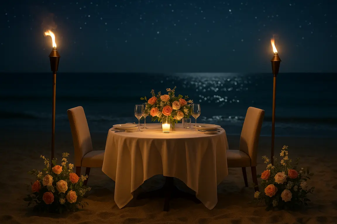 Cena romántica privada en la playa de un resort de Maldivas durante una luna de miel