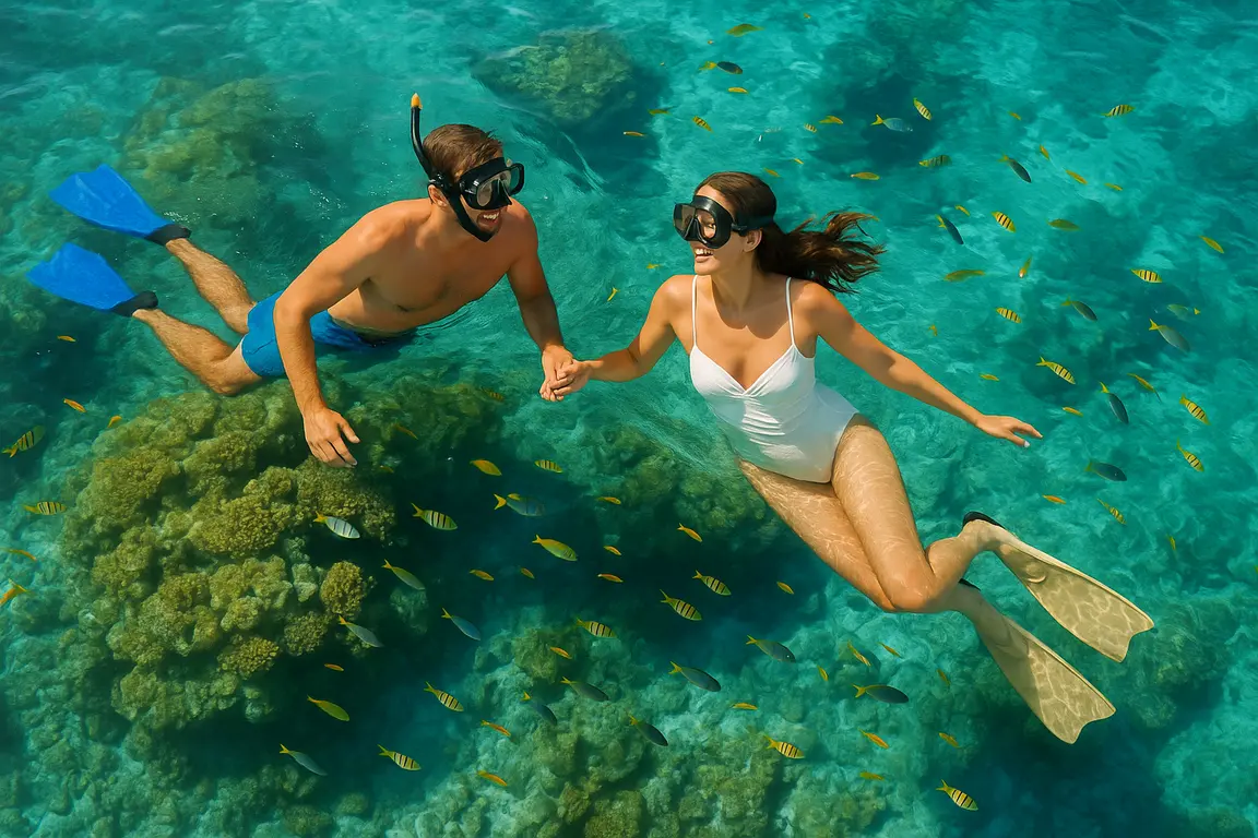 Pareja haciendo snorkel sobre un arrecife de coral en Maldivas durante su luna de miel