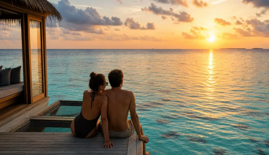 Pareja disfrutando de una water villa en Maldivas durante su viaje de novios por Vietnam Bangkok y Maldivas