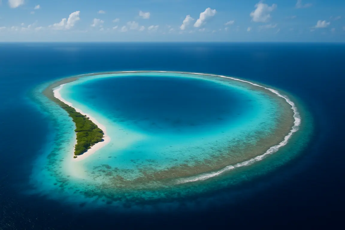 Vista aérea de un atolón de Maldivas con laguna turquesa y arrecife de coral