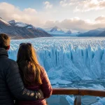 Pareja en su luna de miel contemplando el Glaciar Perito Moreno en El Calafate, Argentina
