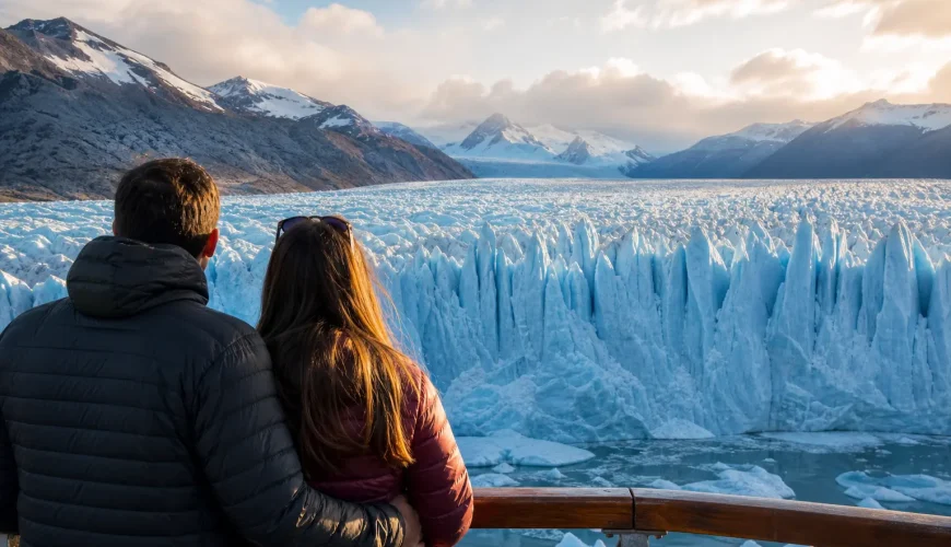 Pareja en su luna de miel contemplando el Glaciar Perito Moreno en El Calafate, Argentina