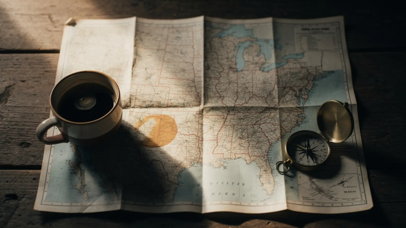 Mapa y brújula sobre mesa de madera para planificar un viaje de novios original