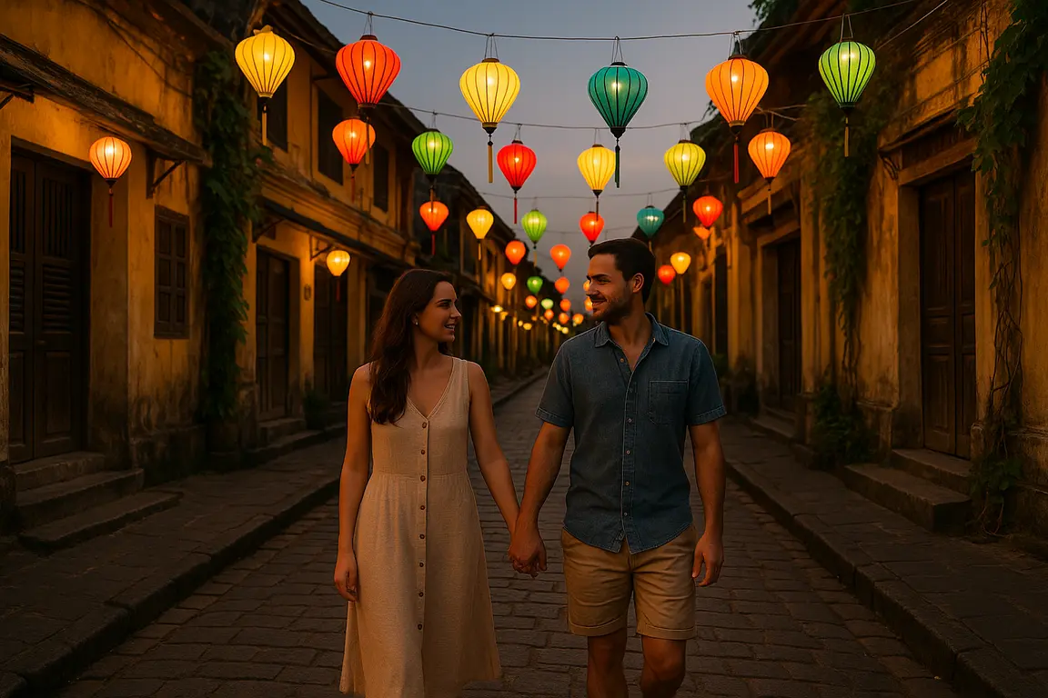 Pareja en luna de miel combinada en Asia paseando por las calles históricas de Hoi An en Vietnam