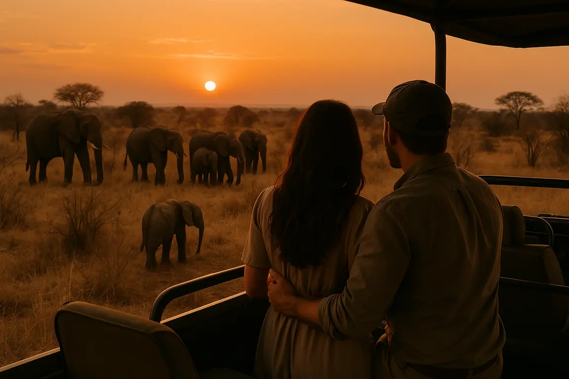 Pareja en safari de luna de miel en África Oriental observando elefantes en la sabana al amanecer