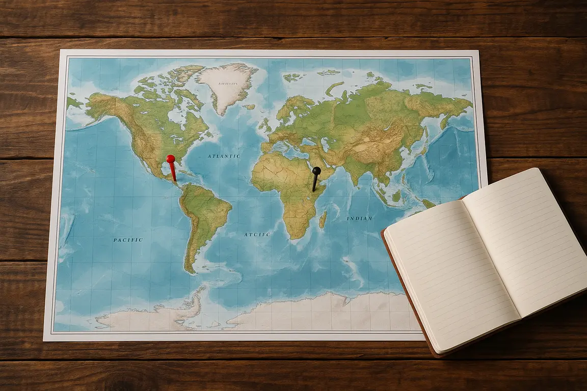 Planificación de un viaje de novios combinado con dos destinos marcados en un mapa del mundo