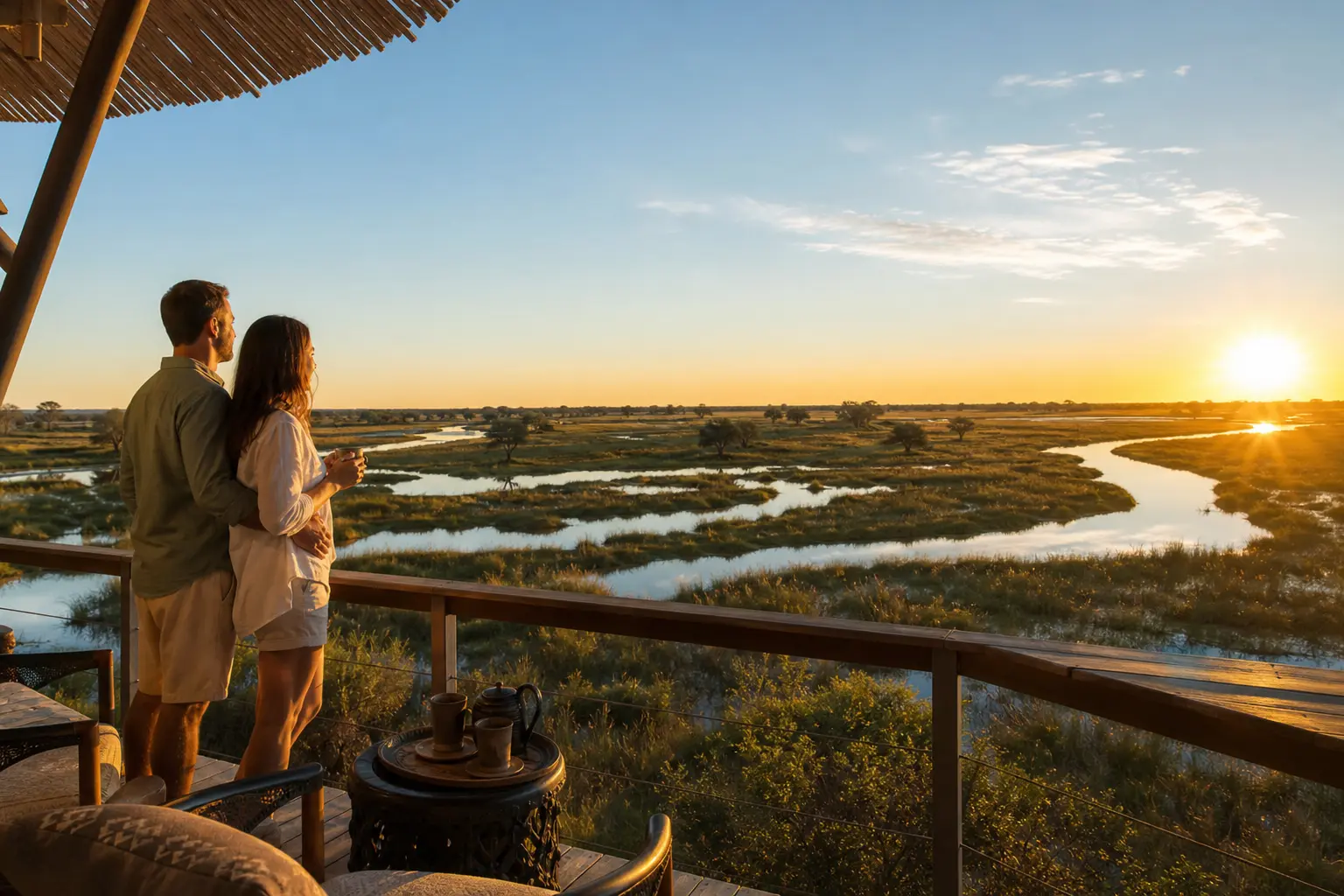 Pareja en luna de miel en Botswana observando el Delta del Okavango desde un lodge de lujo al amanecer
