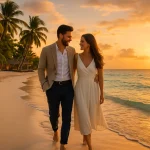 Pareja disfrutando una playa caribeña durante una luna de miel inolvidable, ilustrando cómo planificar luna de miel sin estrés