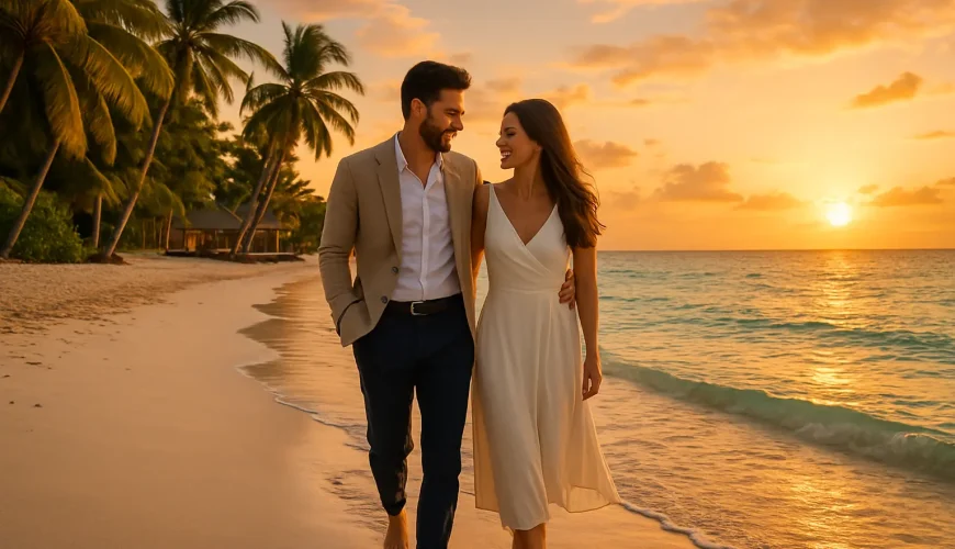 Pareja disfrutando una playa caribeña durante una luna de miel inolvidable, ilustrando cómo planificar luna de miel sin estrés