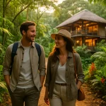 Pareja disfrutando ecoturismo de lujo en Costa Rica en un sendero natural cerca de eco-lodge sustentable al atardecer