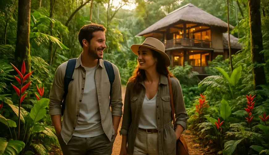 Pareja disfrutando ecoturismo de lujo en Costa Rica en un sendero natural cerca de eco-lodge sustentable al atardecer