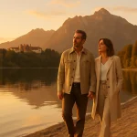 Pareja disfrutando una luna de miel en la Patagonia Argentina y Chile junto al lago Nahuel Huapi al atardecer