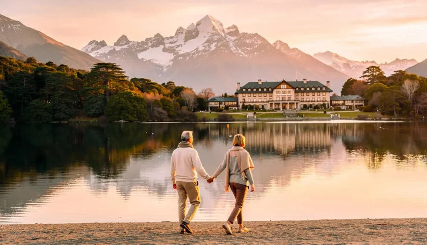 Pareja disfrutando una luna de miel en la Patagonia Argentina y Chile junto al lago Nahuel Huapi al atardecer