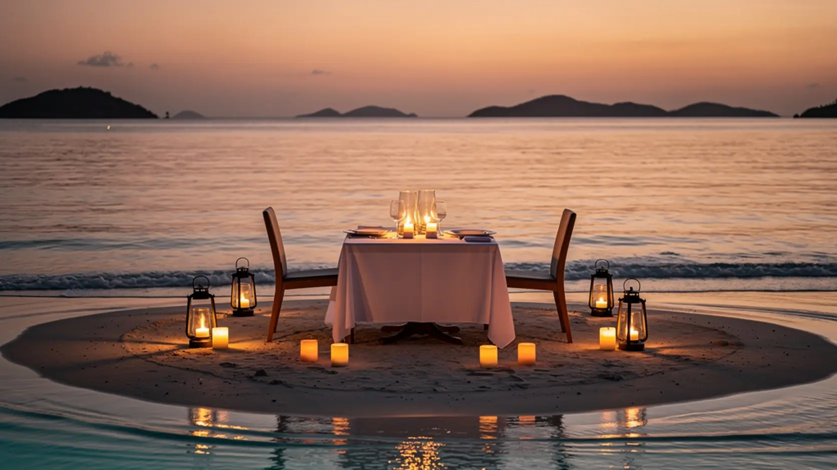 Cena privada en un banco de arena al atardecer, experiencia única de luna de miel