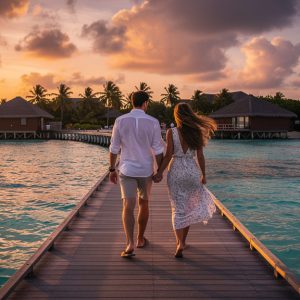 Pareja en una villa sobre el agua durante su luna de miel Japón y Maldivas