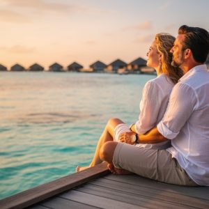 Pareja en una villa sobre el agua durante su luna de miel Sri Lanka y Maldivas