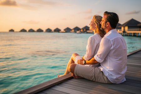 Pareja en una villa sobre el agua durante su luna de miel Sri Lanka y Maldivas