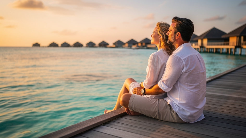 Pareja en una villa sobre el agua durante su luna de miel Sri Lanka y Maldivas