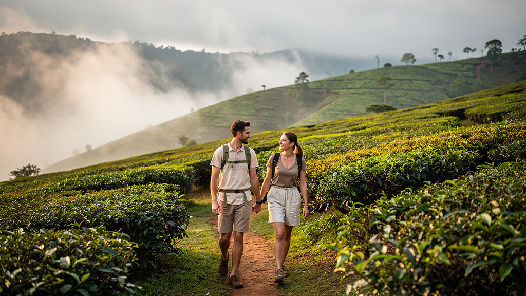 Pareja paseando por plantaciones de té en Sri Lanka